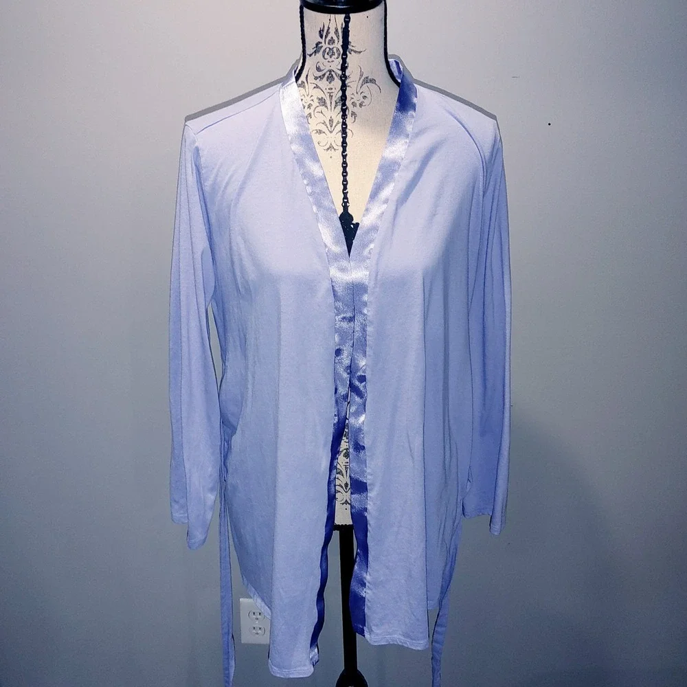Motherhood Maternity Sleep Robe Blue Purple Satin Trim Belted Pockets Large